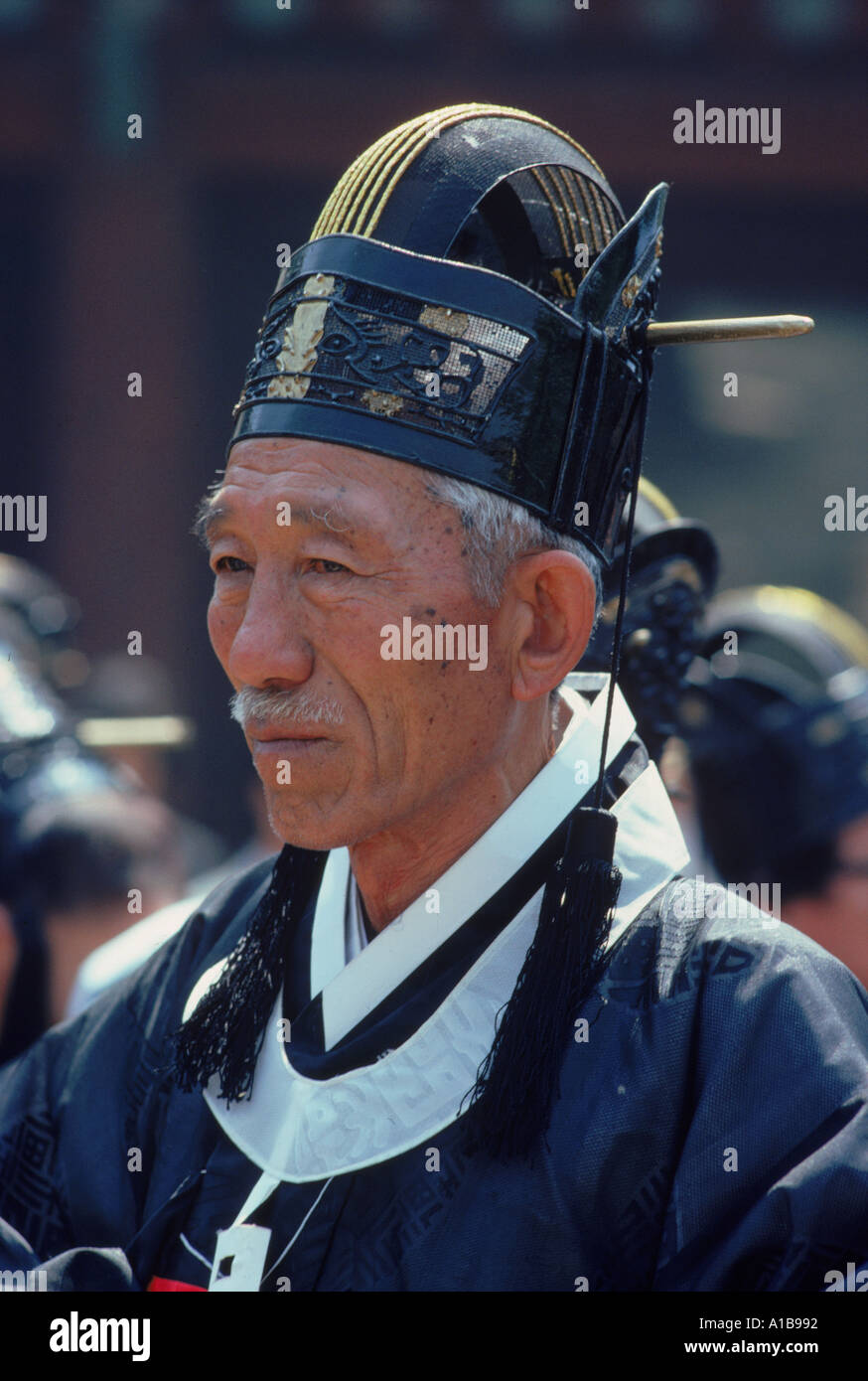 Portrait of an old man in traditional dress who is a Confucian scholar during the Sokchon Ceremony in South Korea Asia A Evrard Stock Photo