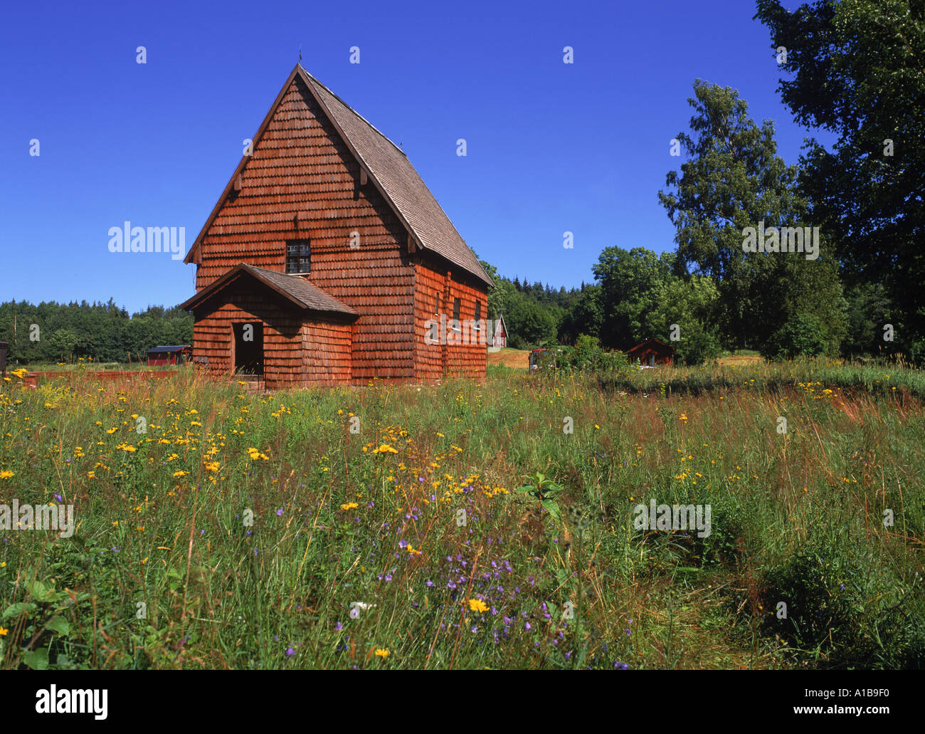 C13th wooden church at Sodra Rada 40kms south of Kristinehamn in south east Varmland Sweden R Ashworth Stock Photo