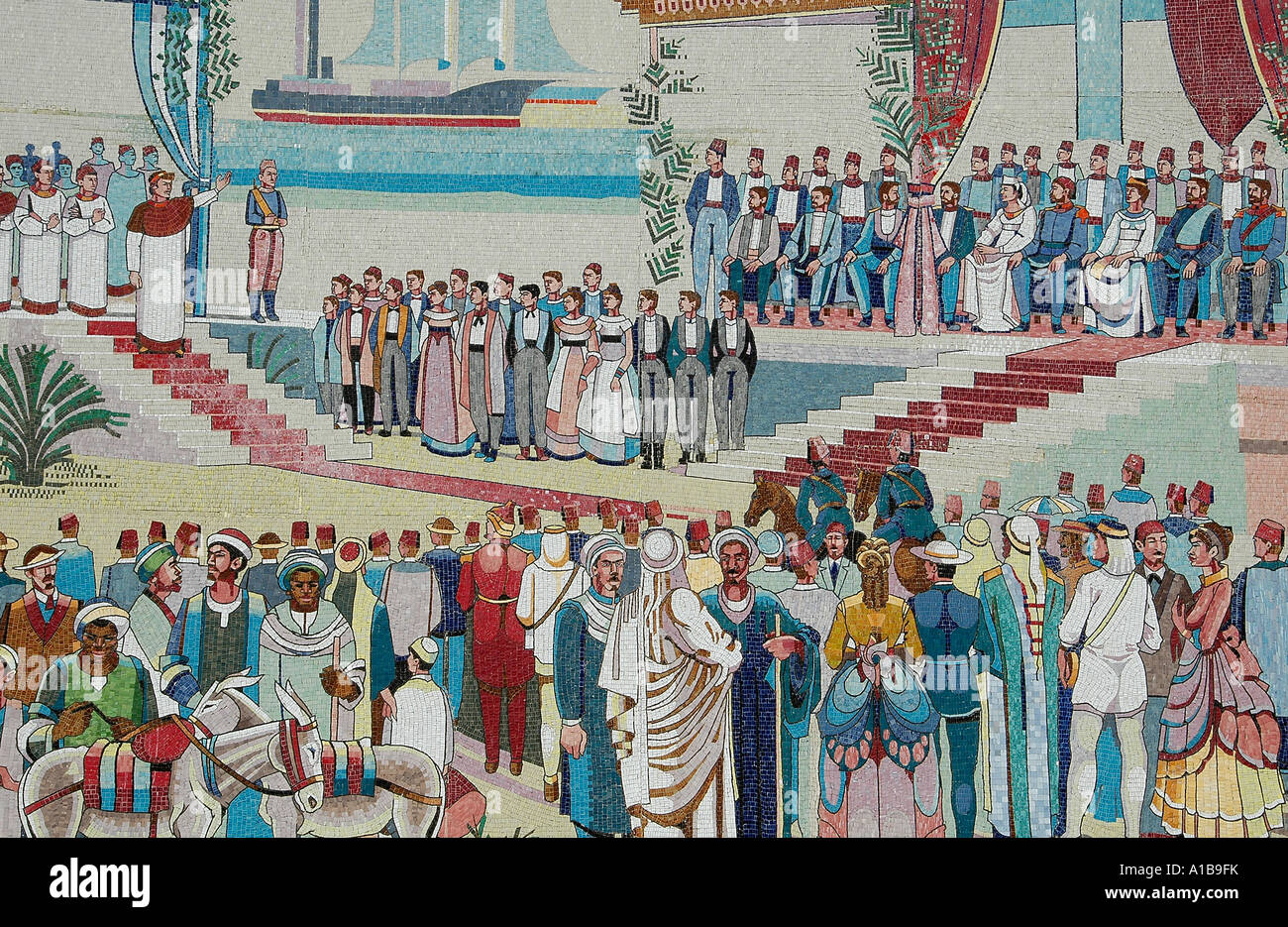 Tiled mosaic panel in the city of of Ismailia depicting the historic Suez canal opening ceremony on November 17, 1869,  Egypt Stock Photo