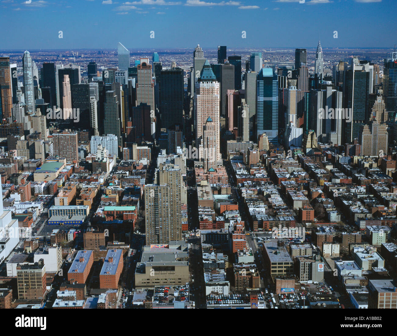 aerial above Midtown Manhattan New York skyline viewed from the West