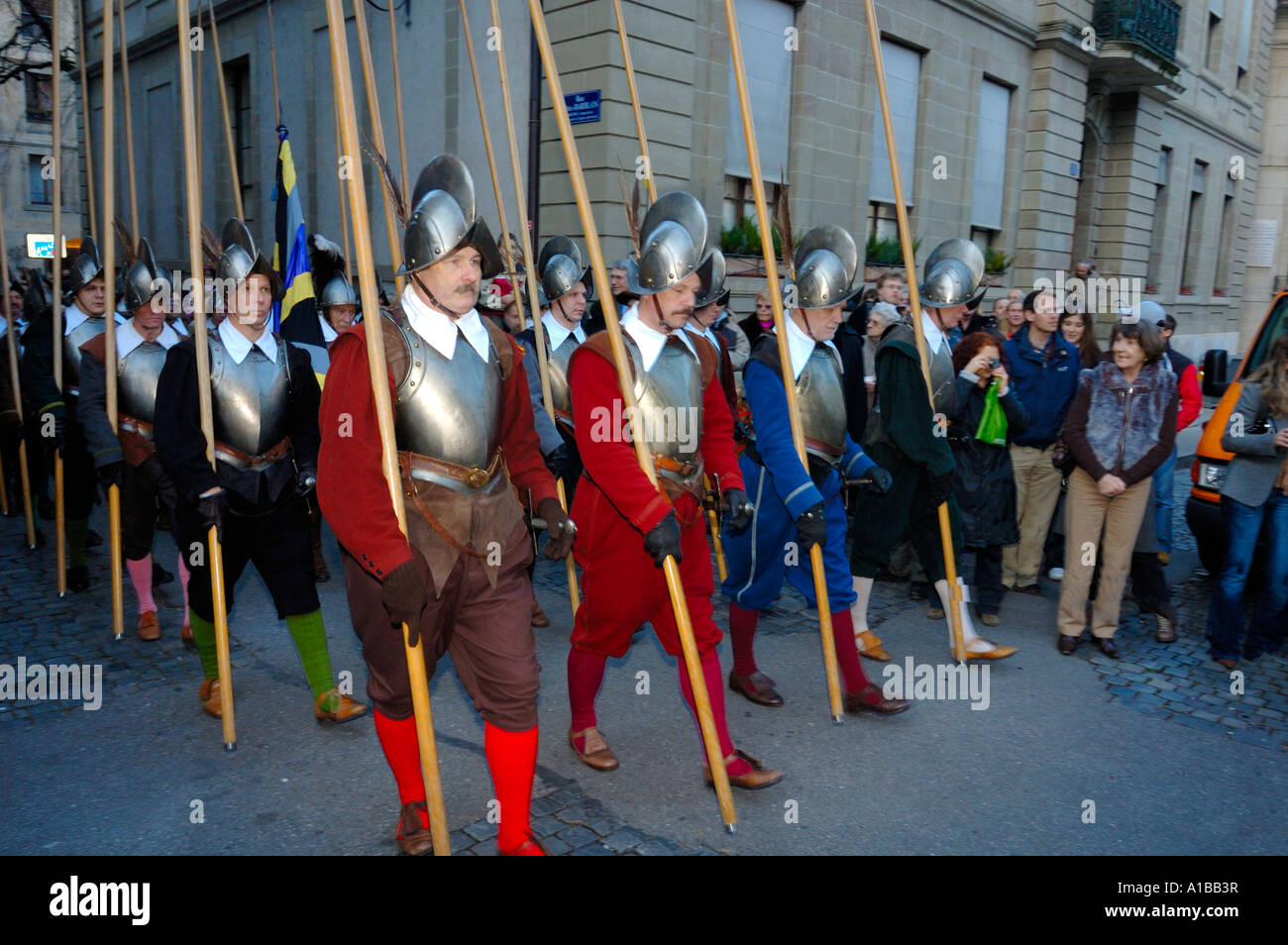 Pikemen marching at the annual Escalade festival in Geneva, Switzerland. Stock Photo