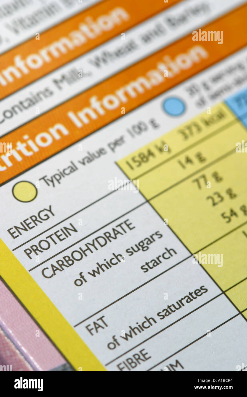 Nutritional Information labeling on food packet Stock Photo
