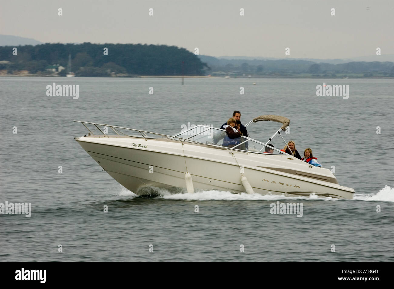 Speed boat in Poole harbour Stock Photo
