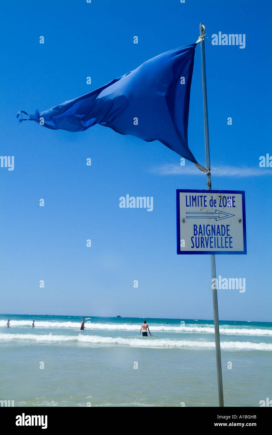 Swimming boundary flag on Biscarrosse Beach, Aquitaine, France. Stock Photo