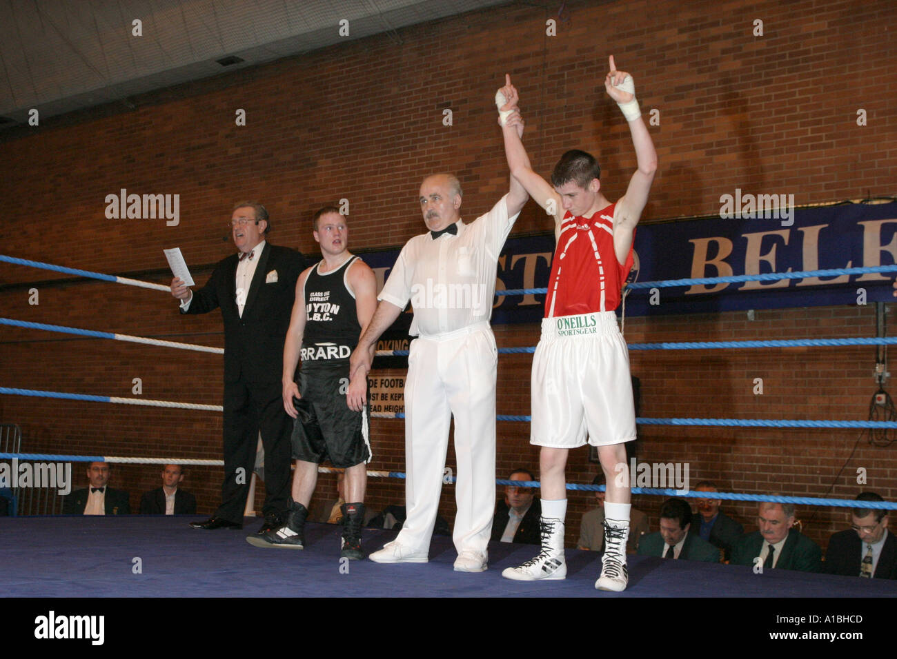 winner announced irish amateur boxing association multi nation belfast cup andersonstown leisure centre northern ireland Stock Photo