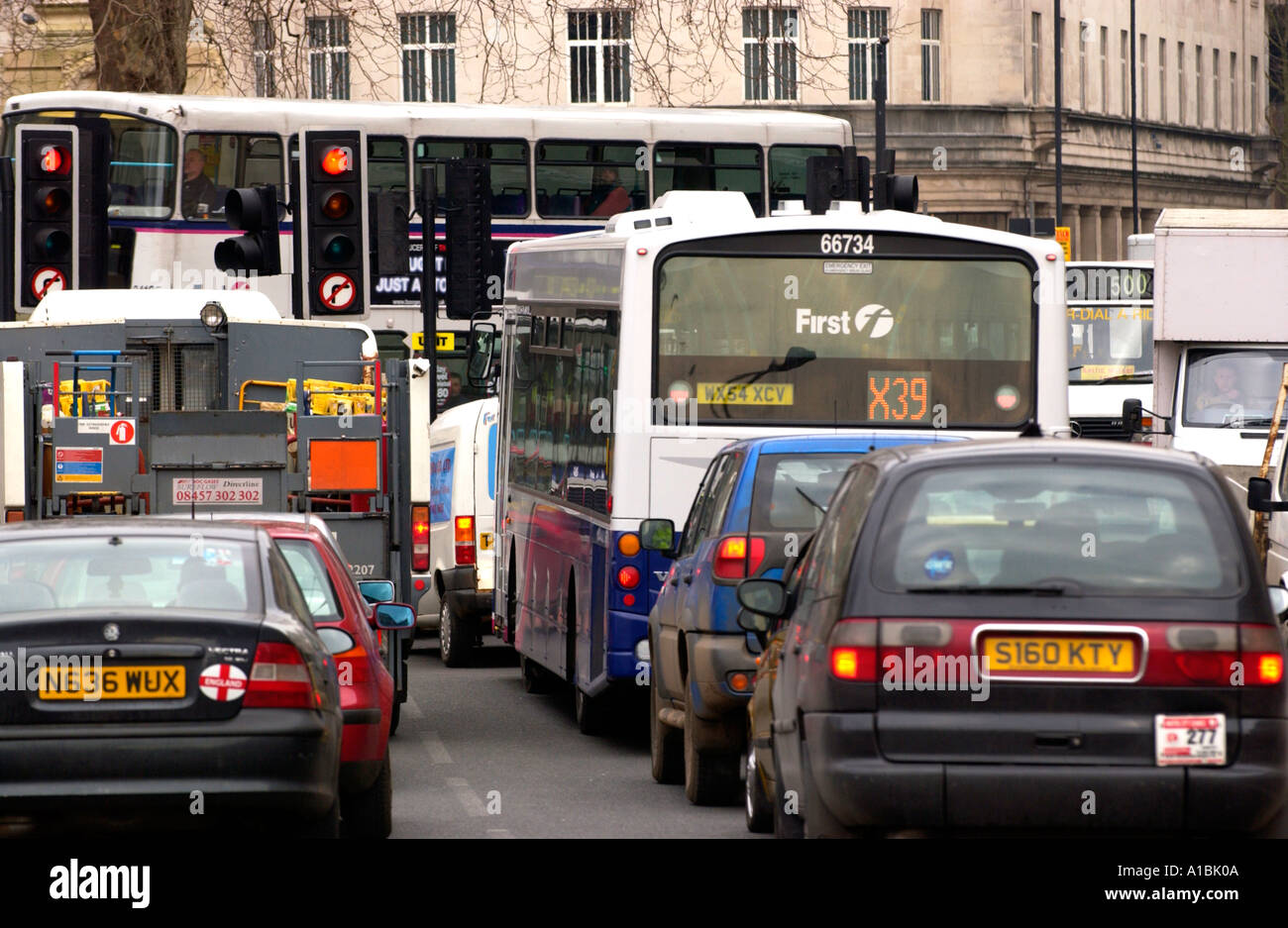 Traffic congestion with buses and cars in Bristol city centre England