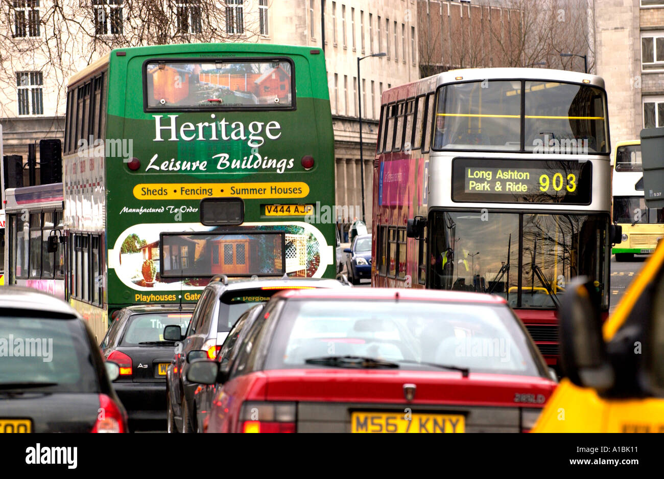 Traffic congestion with buses and cars in Bristol city centre England