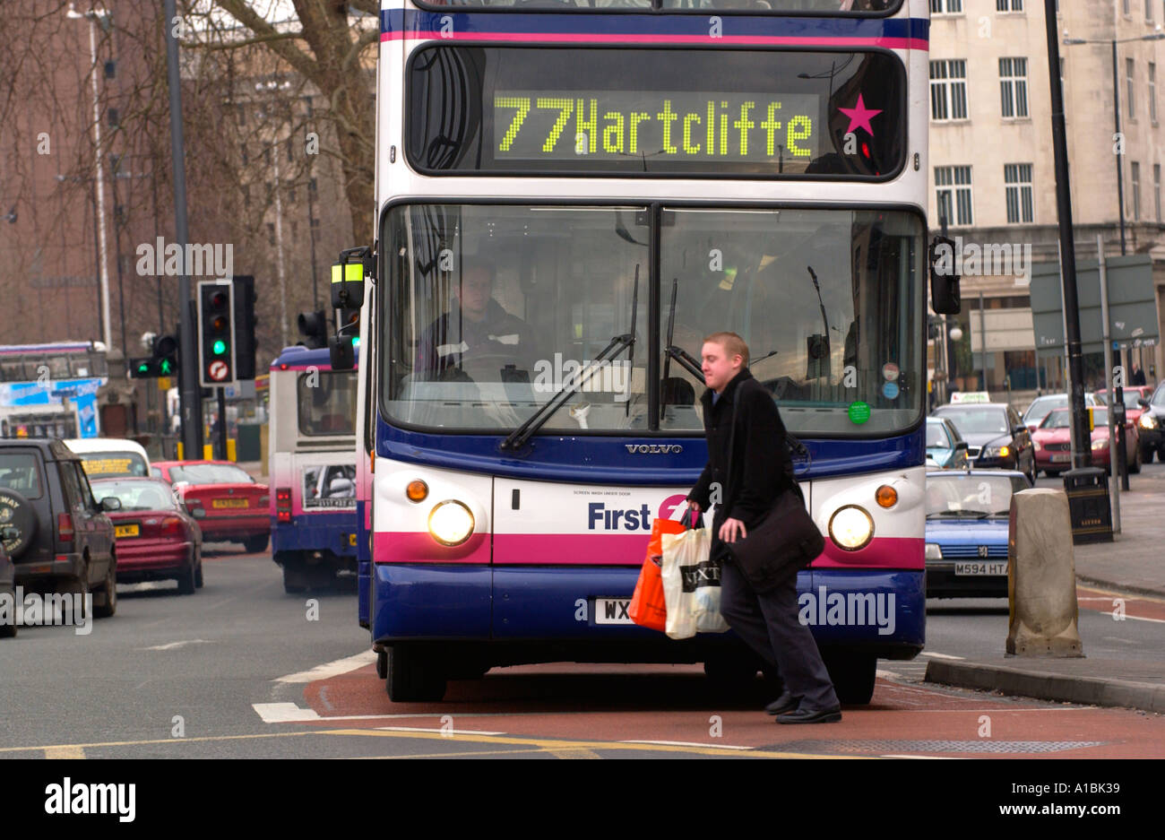 Buses using dedicated bus lanes in Bristol city centre England UK Stock