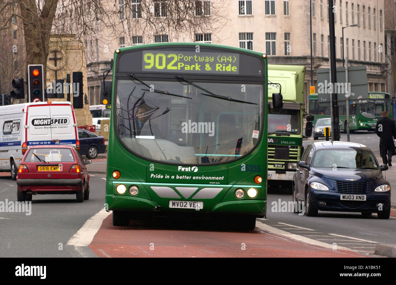 Buses using dedicated bus lanes in Bristol city centre England UK Stock