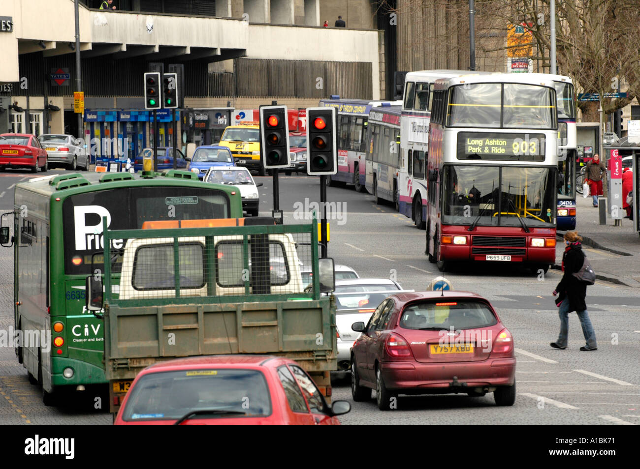 Traffic congestion with buses and cars in Bristol city centre England
