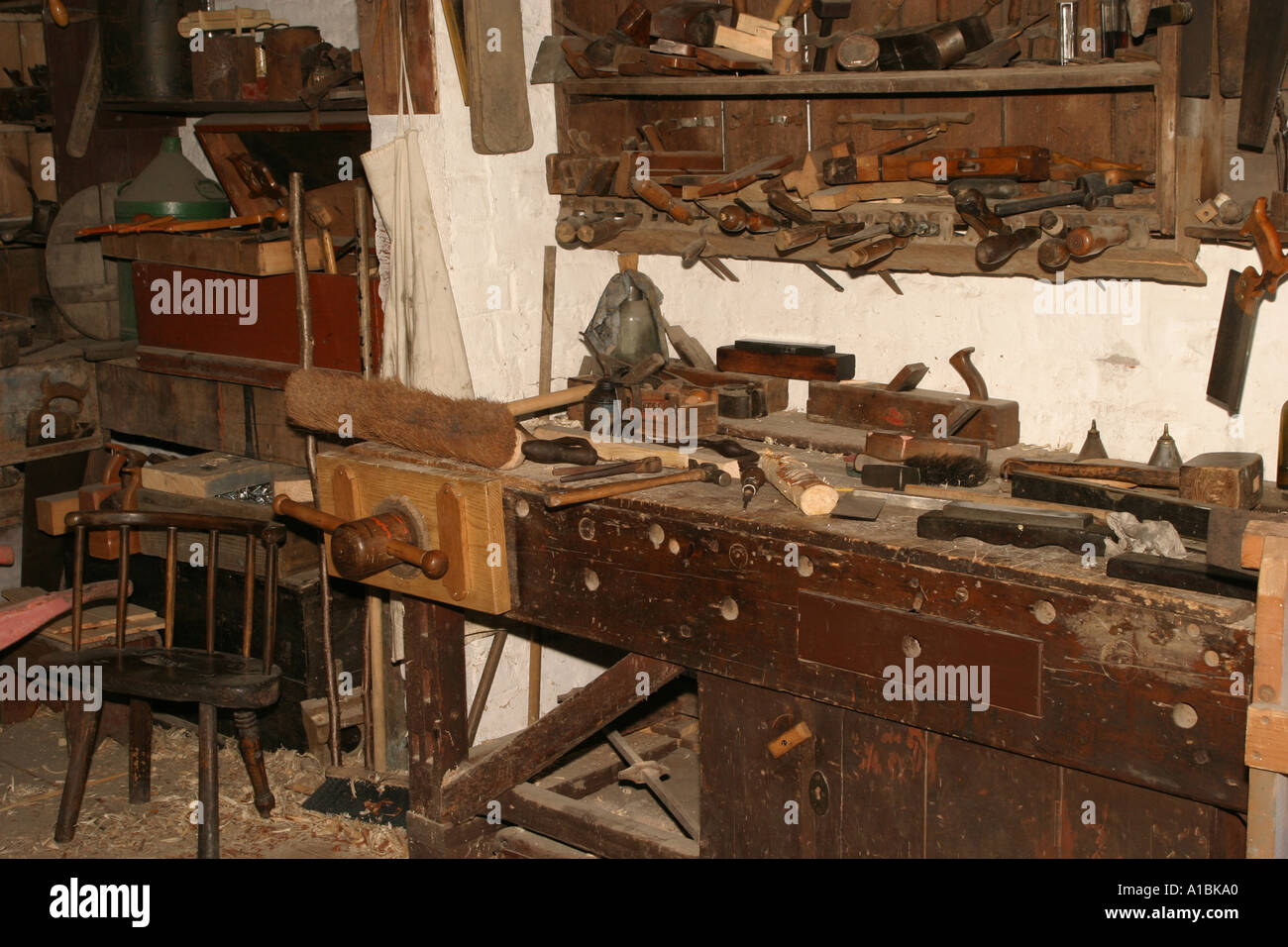 Old Irish woodwork shop bench and tools at the Ulster Folk and