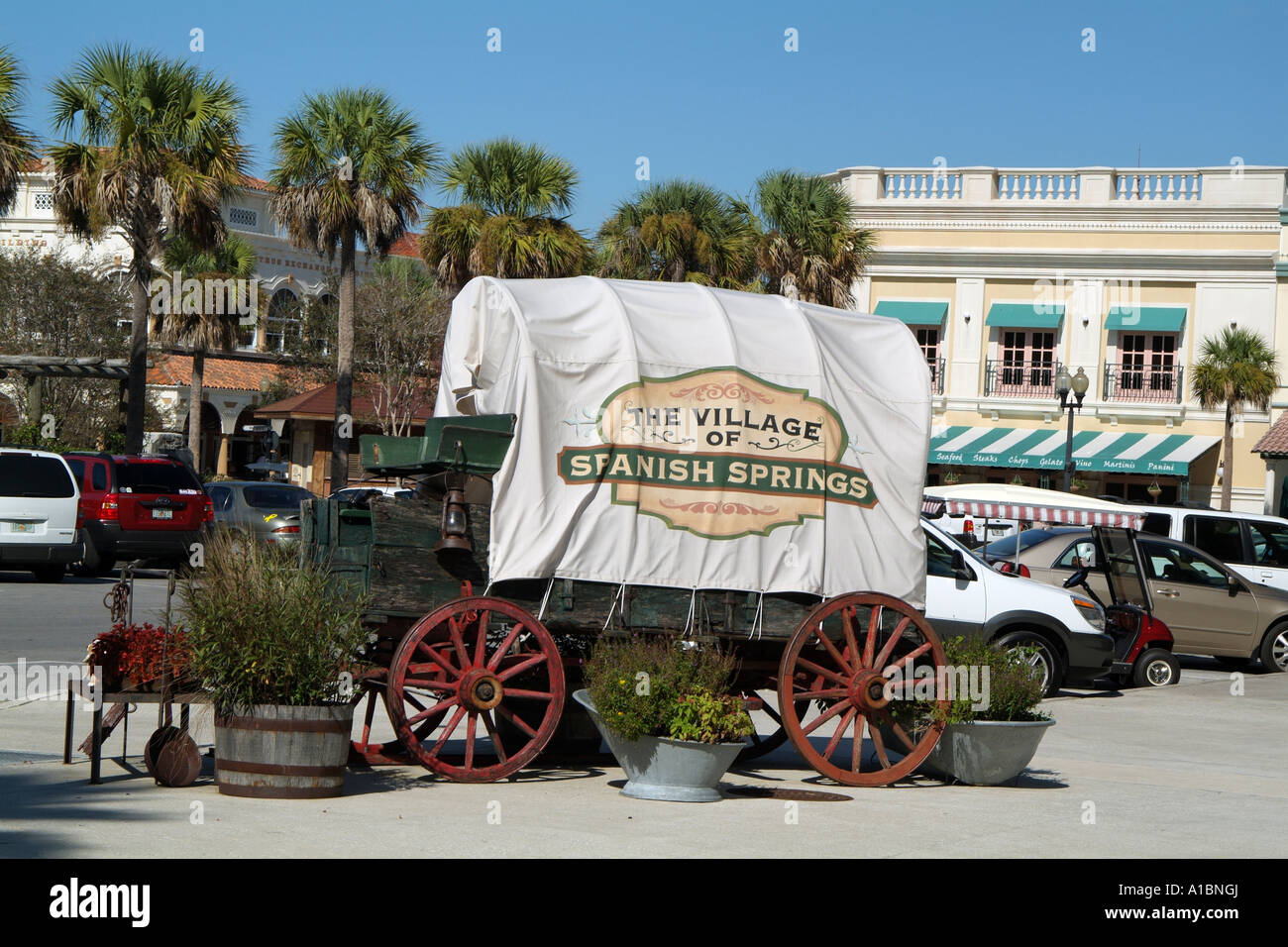 Spanish Springs Florida USA. Old wagon decorates the sidewalk Stock