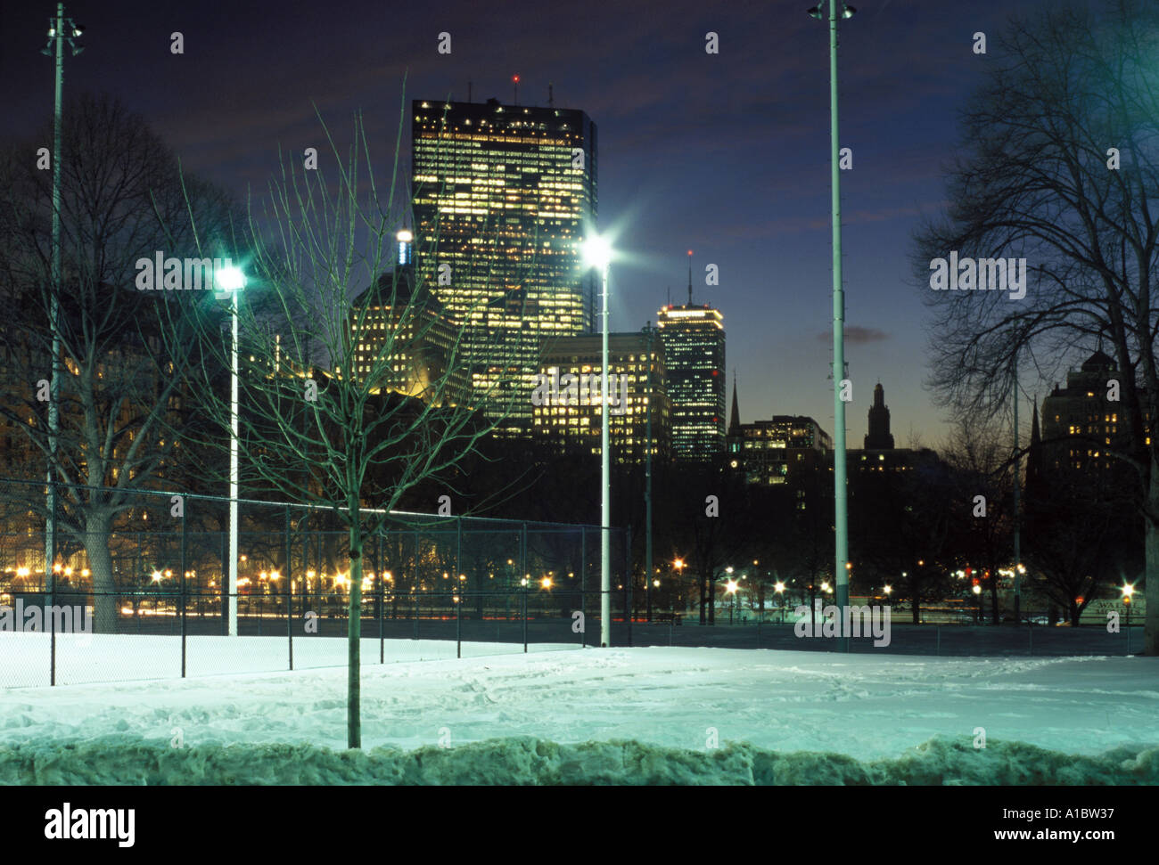 A view of the Back Bay skyline at night from Boston Common Stock Photo