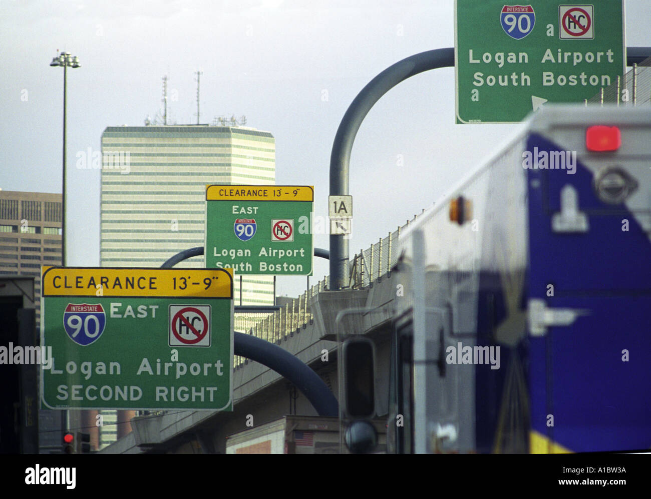 Road signs viewed from an Expressway exit road in downtown Boston