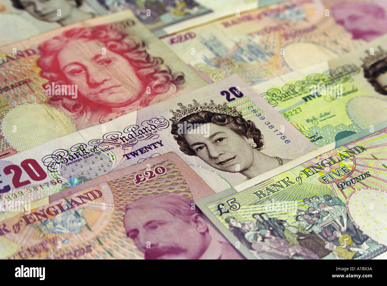 Sterling banknotes neatly laid out Stock Photo