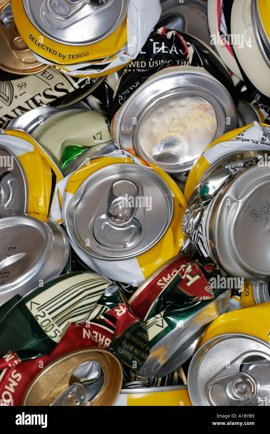 Crushed drink beer cans ready to be recycled tin steel aluminium aluminum environment