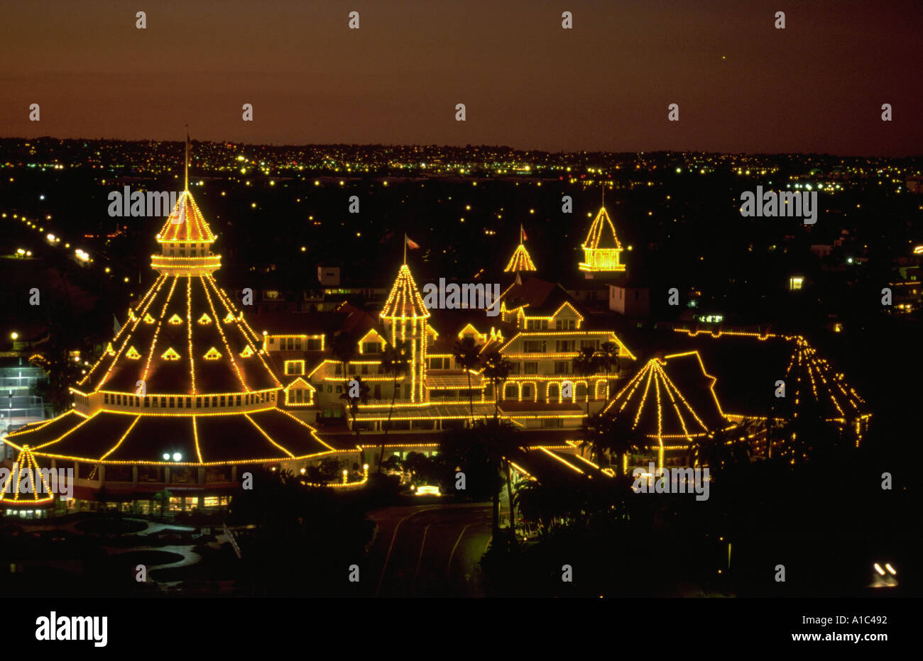 Lights decorating the Hotel del Coronado at night Coronado Island San Diego California Stock Photo