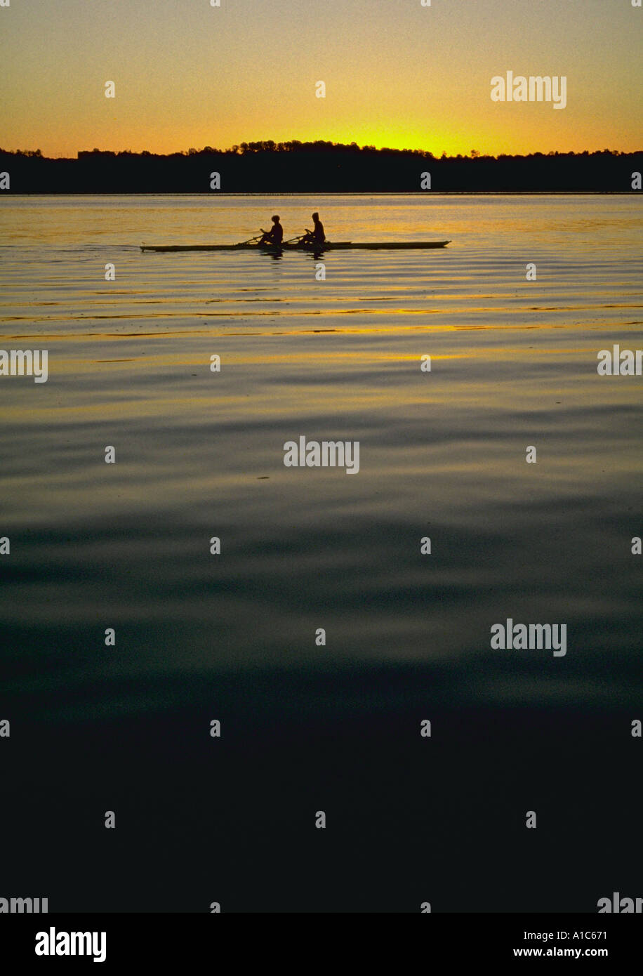 Two young women rowing in a small boat shell early morning on the ...