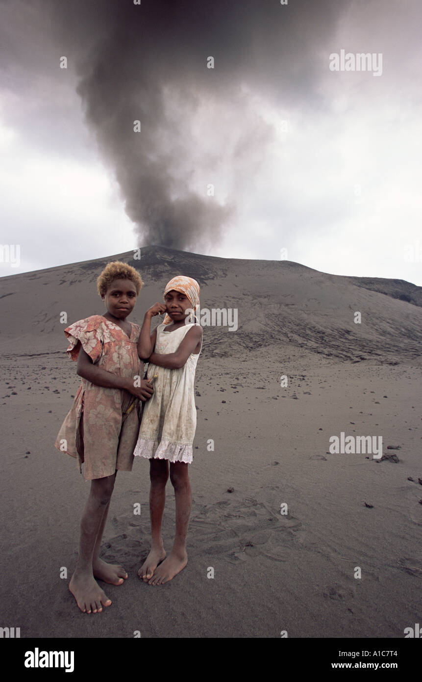 Vanuatan Children &  Erupting Volcano on Tanna Island, Vanuatu, South Pacific Stock Photo