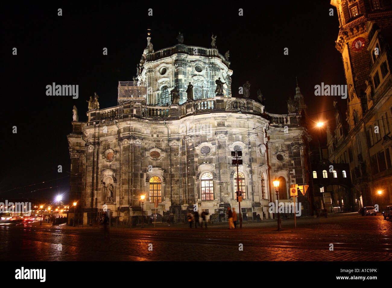 the Katholische Hofkirche in Dresden at night, Germany, Saxony, Dresden Stock Photo