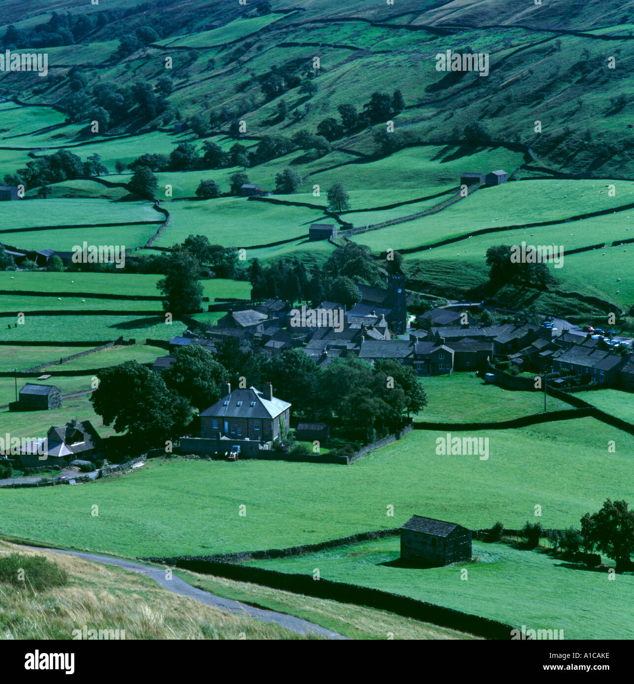 Village of Muker, seen from Kisdon Hill, Upper Swaledale, Yorkshire Dales National Park, North Yorkshire, England, UK. Stock Photo