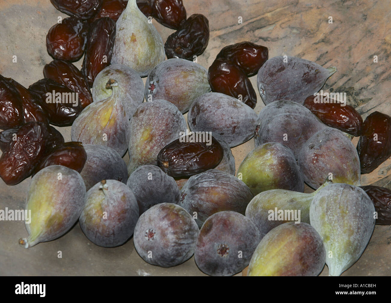 edible fig, common fig and dates (Ficus carica and Phoenix dactylifera), figs and dates Stock