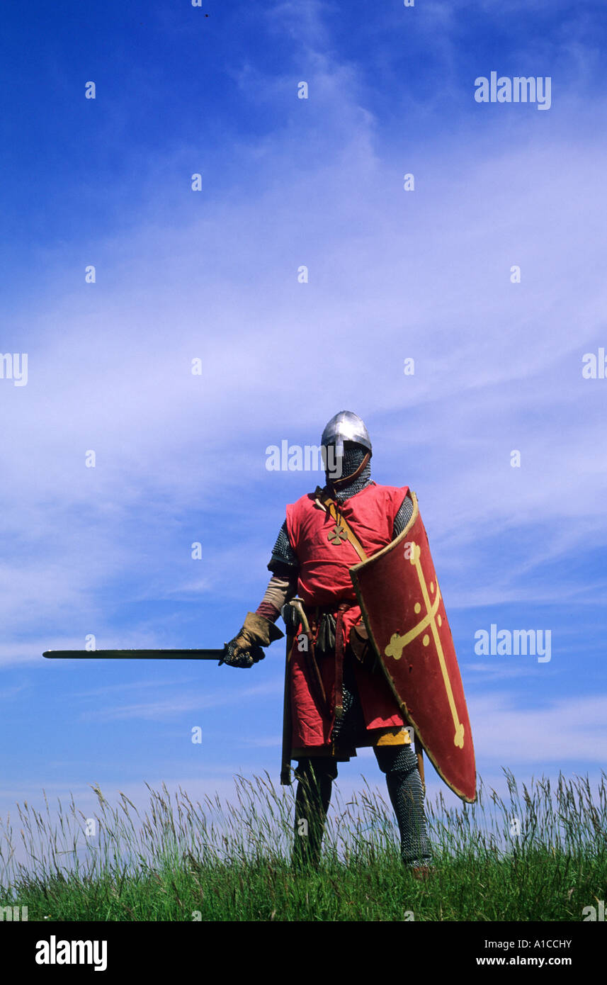 Historical Re-enactment, Norman Knight, 11th, 12th century English history, weapons, weaponry, shield, sword, armour, knight Stock Photo