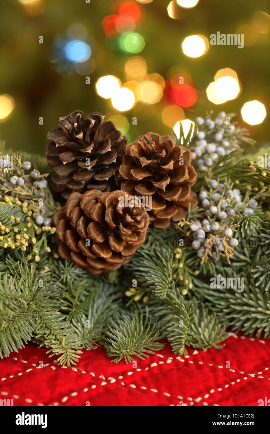Fir and Pincone Centerpiece with Christmas Tree Lights in Background Stock Photo