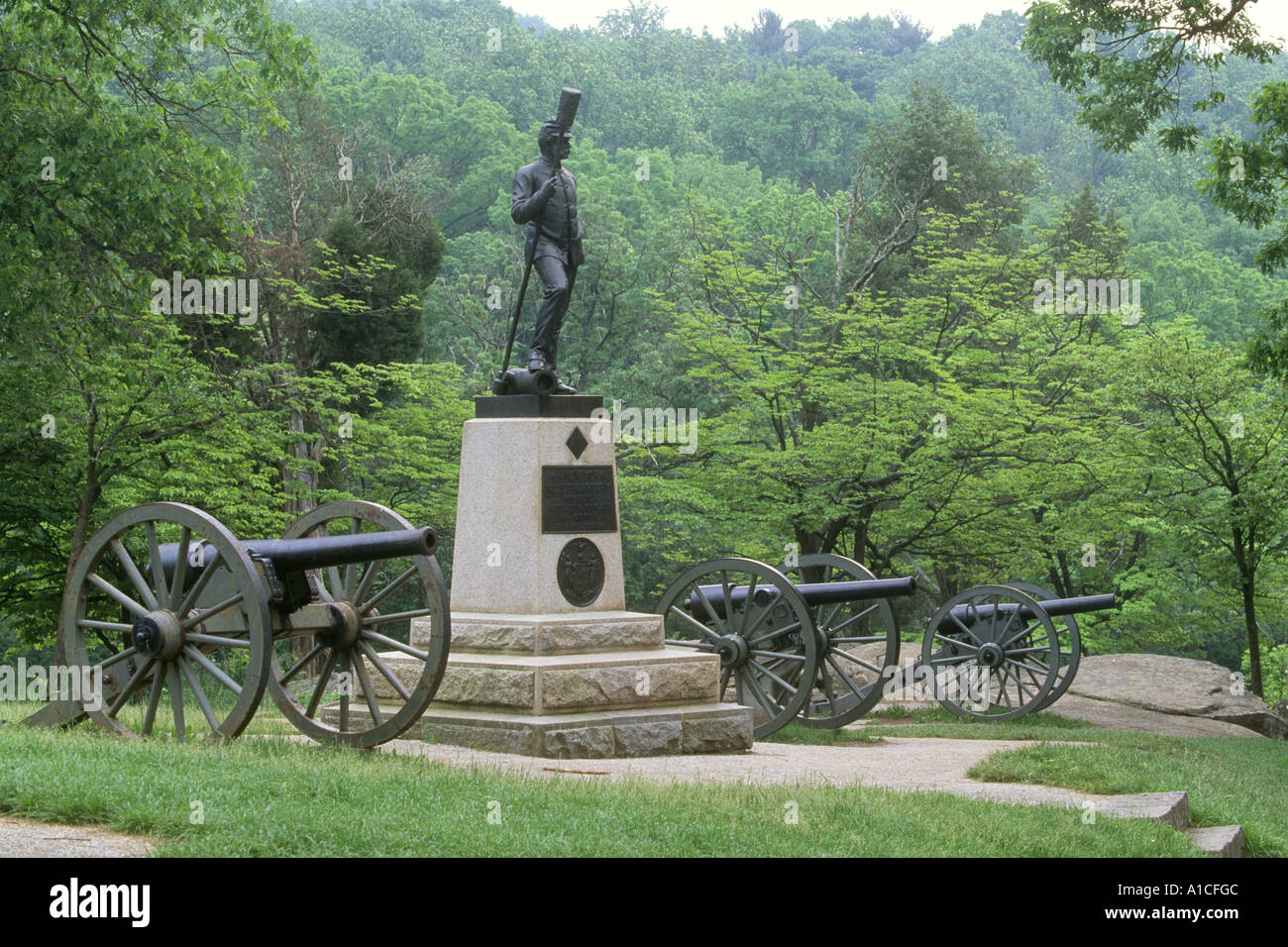 The monument to Smith's Battery of the Union army at Gettysburg sits atop Devil's Den and Houck's Ridge at Gettysburg, Pa. Stock Photo