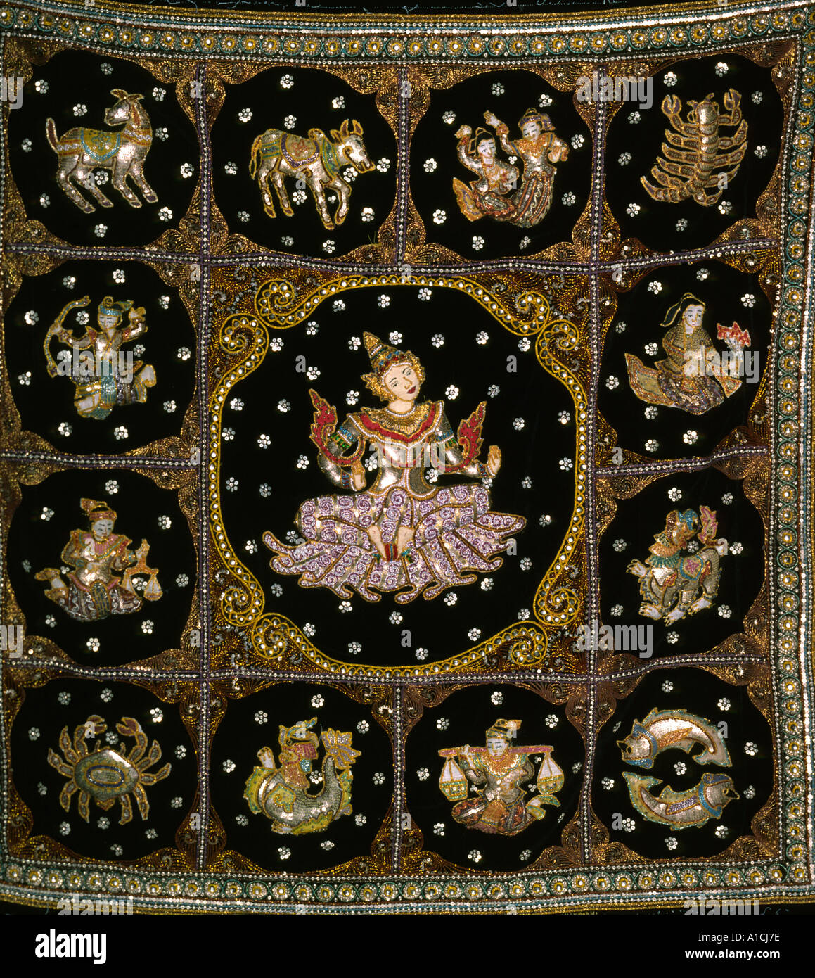 Myanmar Burma Mandalay crafts high quality astrological Mandalay tapestry in progress Stock Photo