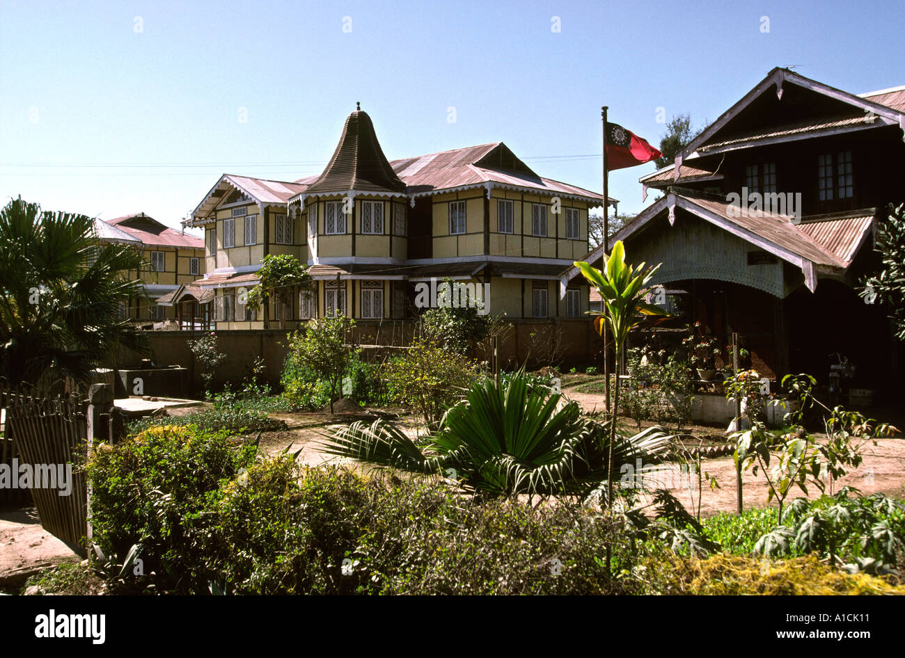 Myanmar Burma Mandalay Pyin Oo Lwin Maymyo colonial houses near railway