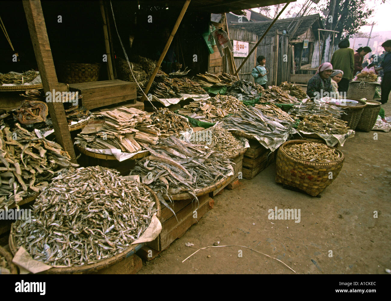 Myanmar Burma Lashio commerce Shan market dried fish stall Stock Photo