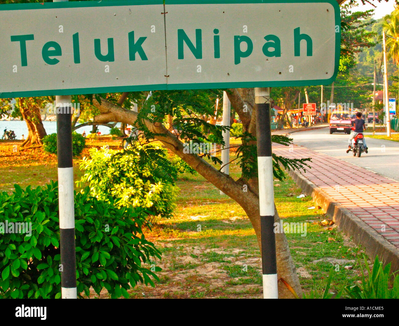 Teluk Nipah beach road sign Pulau Pangkor island Stock Photo