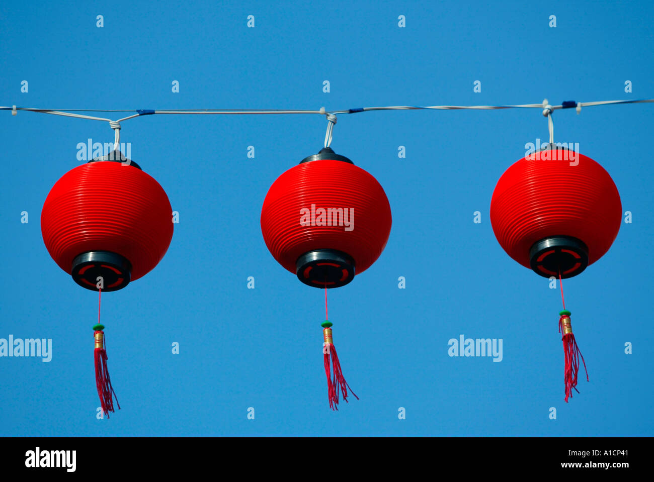 Three red hanging Chinese lanterns Malacca Malaysia Stock Photo Alamy