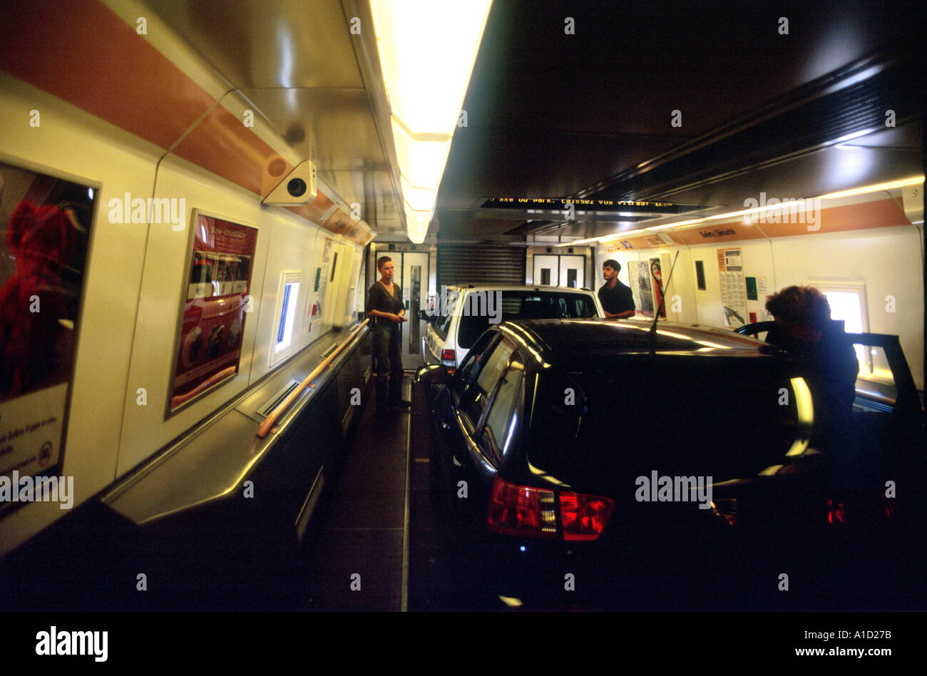 Sep 20 2001 Folkstone England UK Passengers aboard a Le Shuttle Eurotunnel train as it transport cars trucks from England Stock Photo