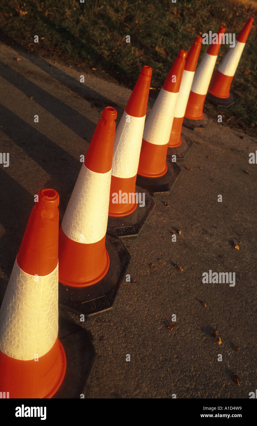 row of cones blocking closed road at roadworks Stock Photo Alamy