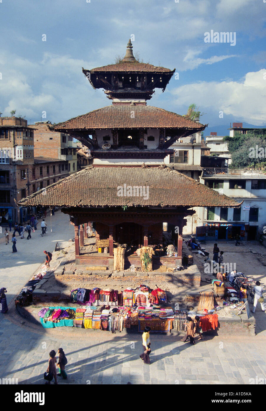 temple Durbar Square Kathmandu valley steps Nepal Asia stone carving statue historic ancient monument shiva pagoda style tile Stock Photo