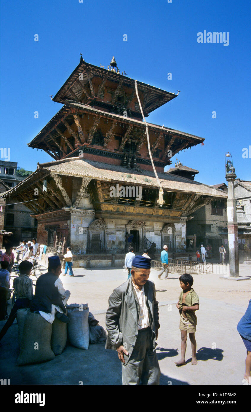 BHAKTAPUR temple Durbar Square Kathmandu valley steps Nepal Asia stone mythical beast carving statue historic ancient Stock Photo