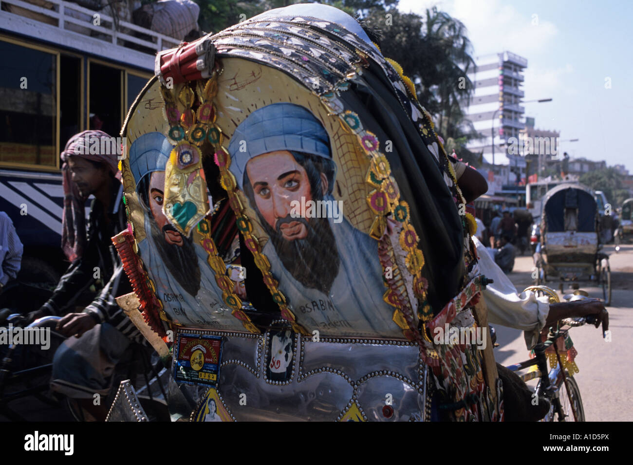 Bangladesh Rickshaw with painting of Osama bin Laden on the back Stock Photo