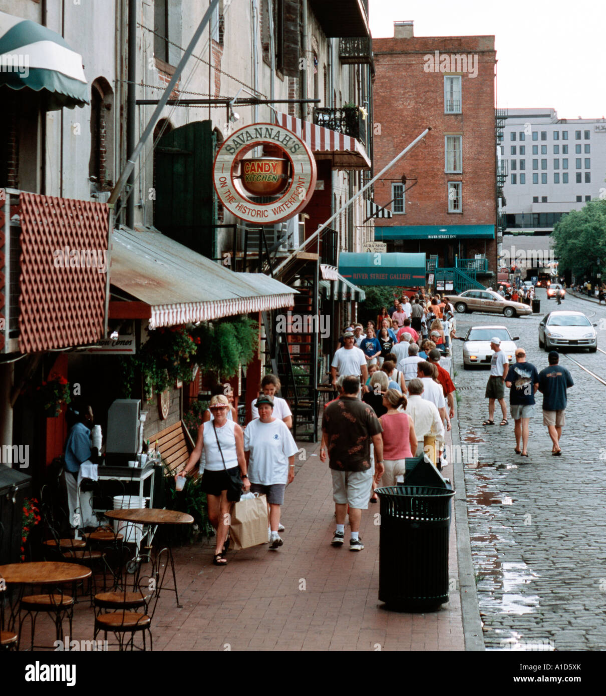 River Street in historic downtown Savannah where most buildings are