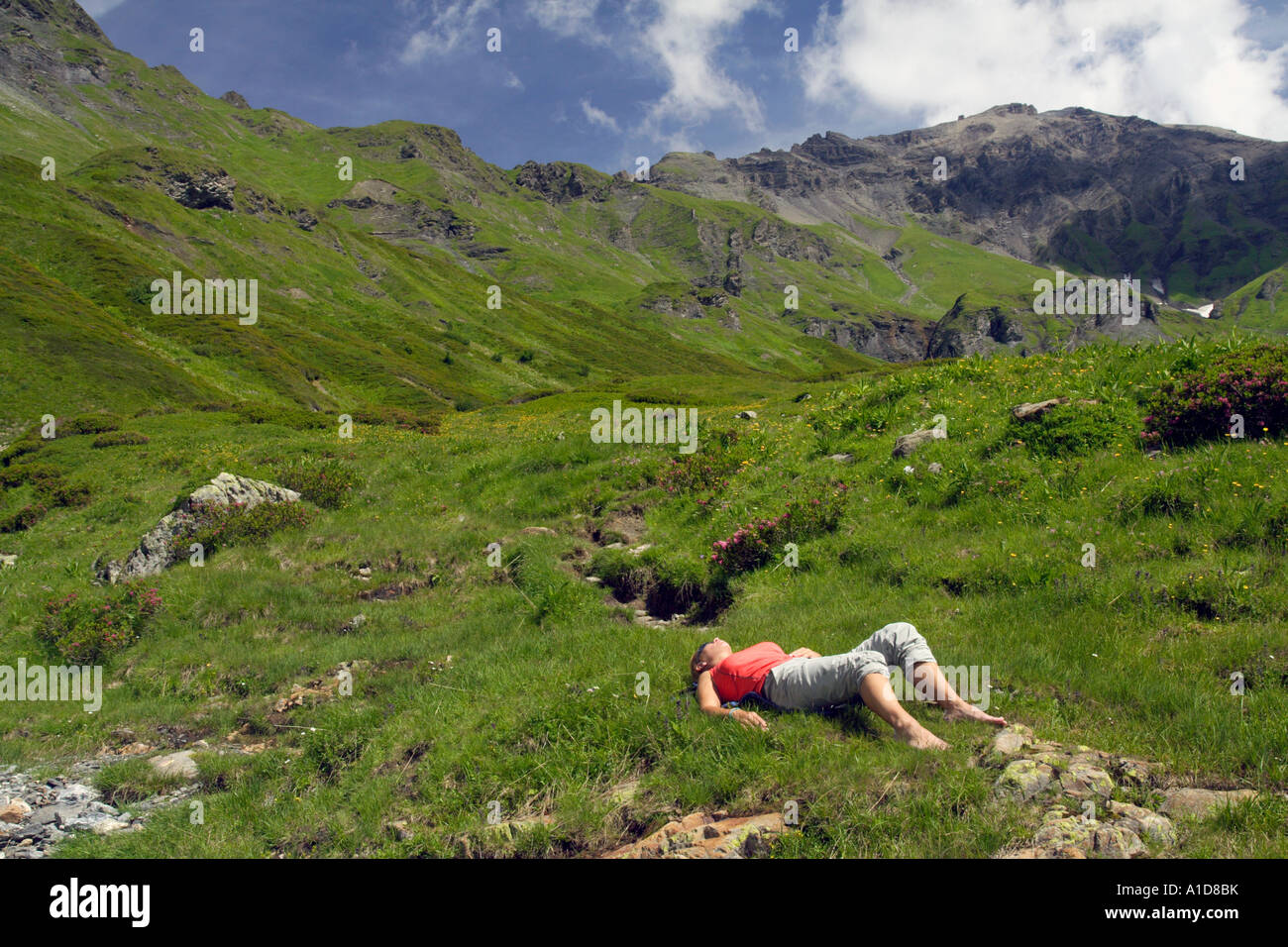 Female hiker taking a nap in the French Alps Stock Photo - Alamy