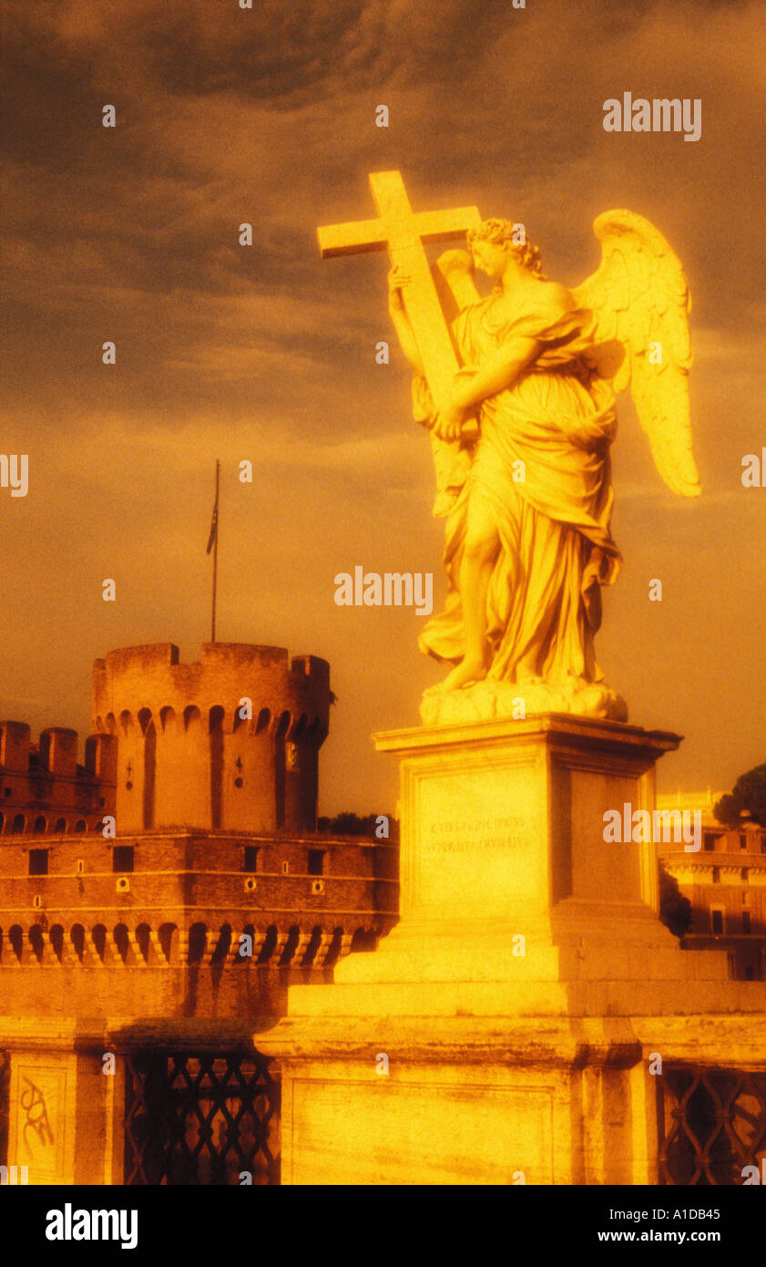 Italy Rome Ponte Sant Angelo and Castel San Angelo Statue of angel by Bernini Stock Photo