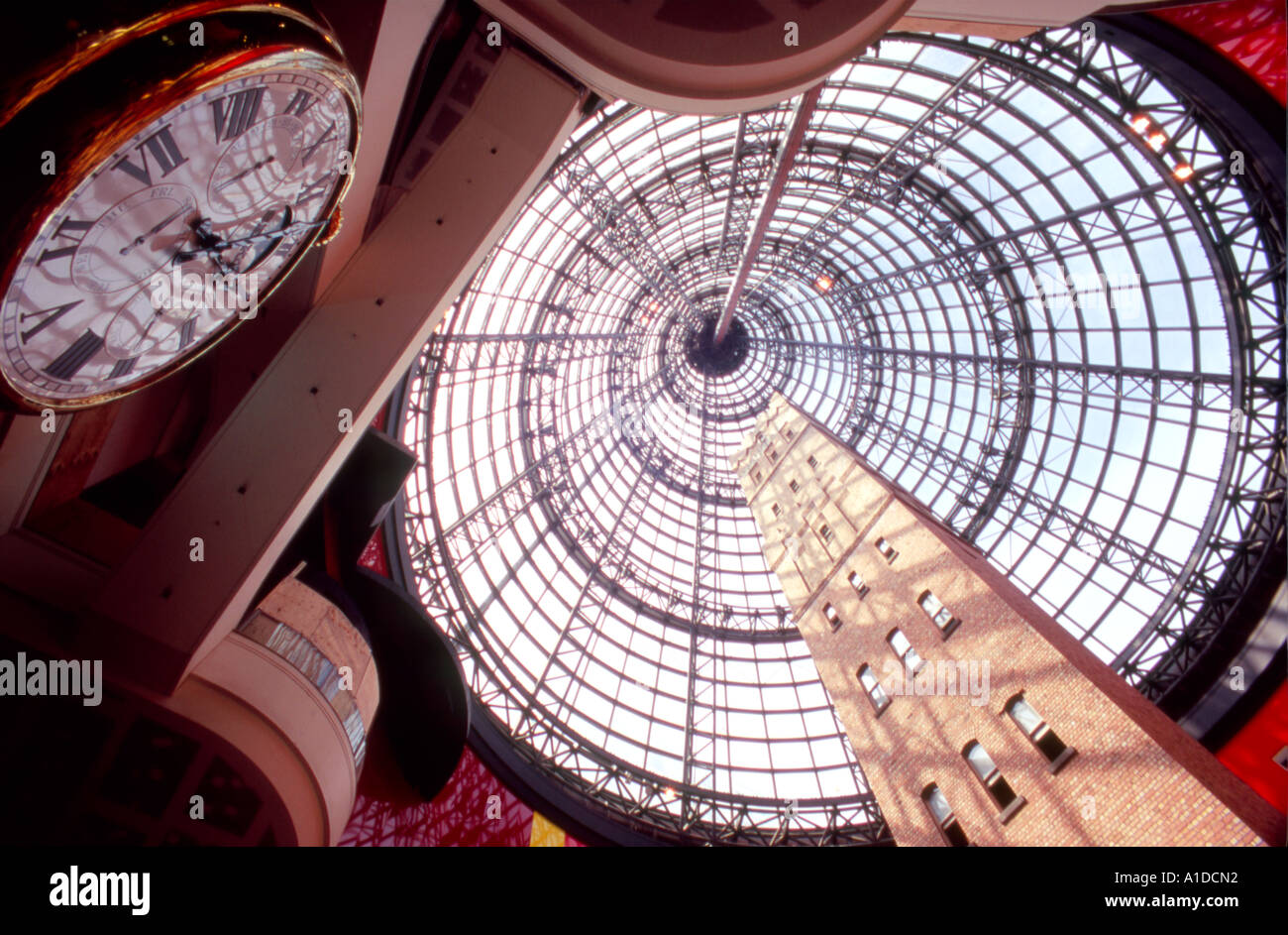 The interior of Melbourne Central shopping mall, showing historic tower