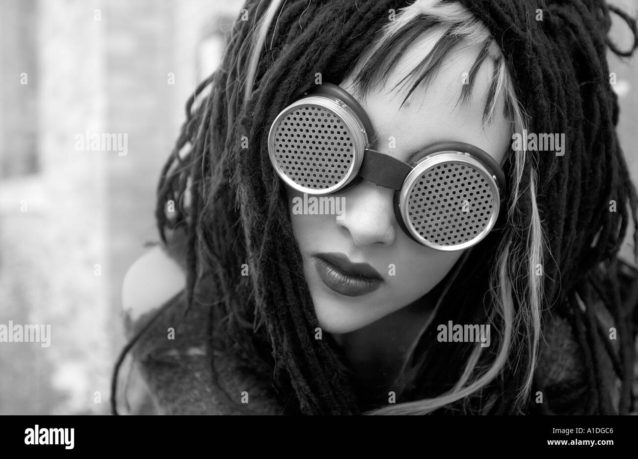 Portrait of goth girl wearing goggles Stock Photo