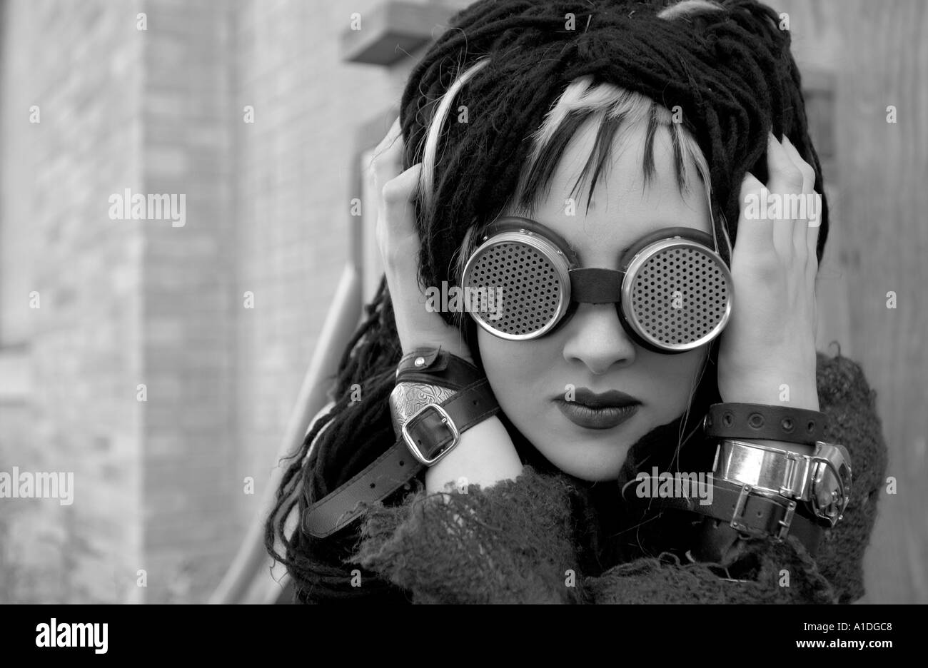 Portrait of goth girl wearing goggles Stock Photo