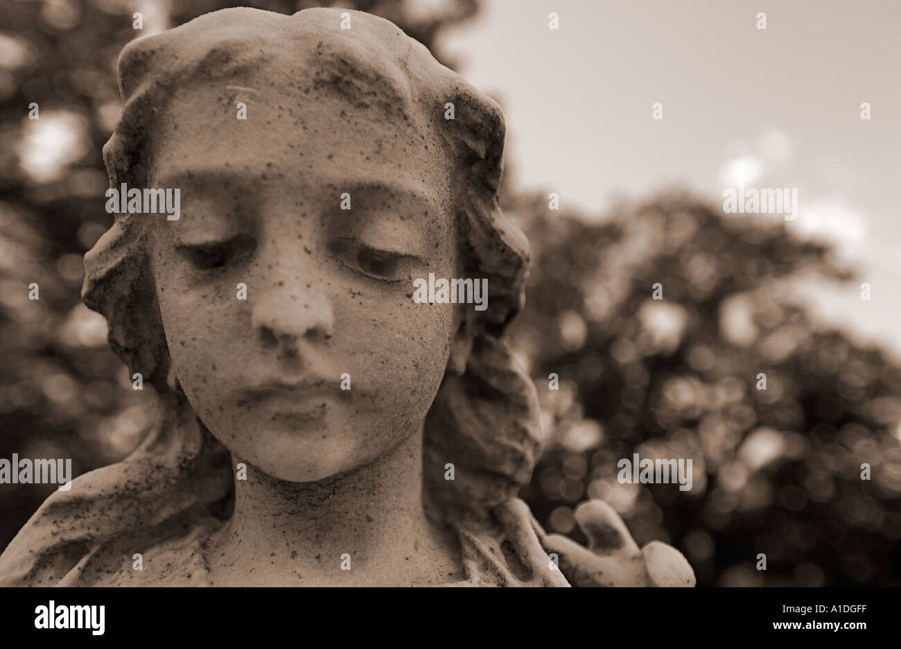 Portrait of a statue of a young woman in a cemetery Stock Photo