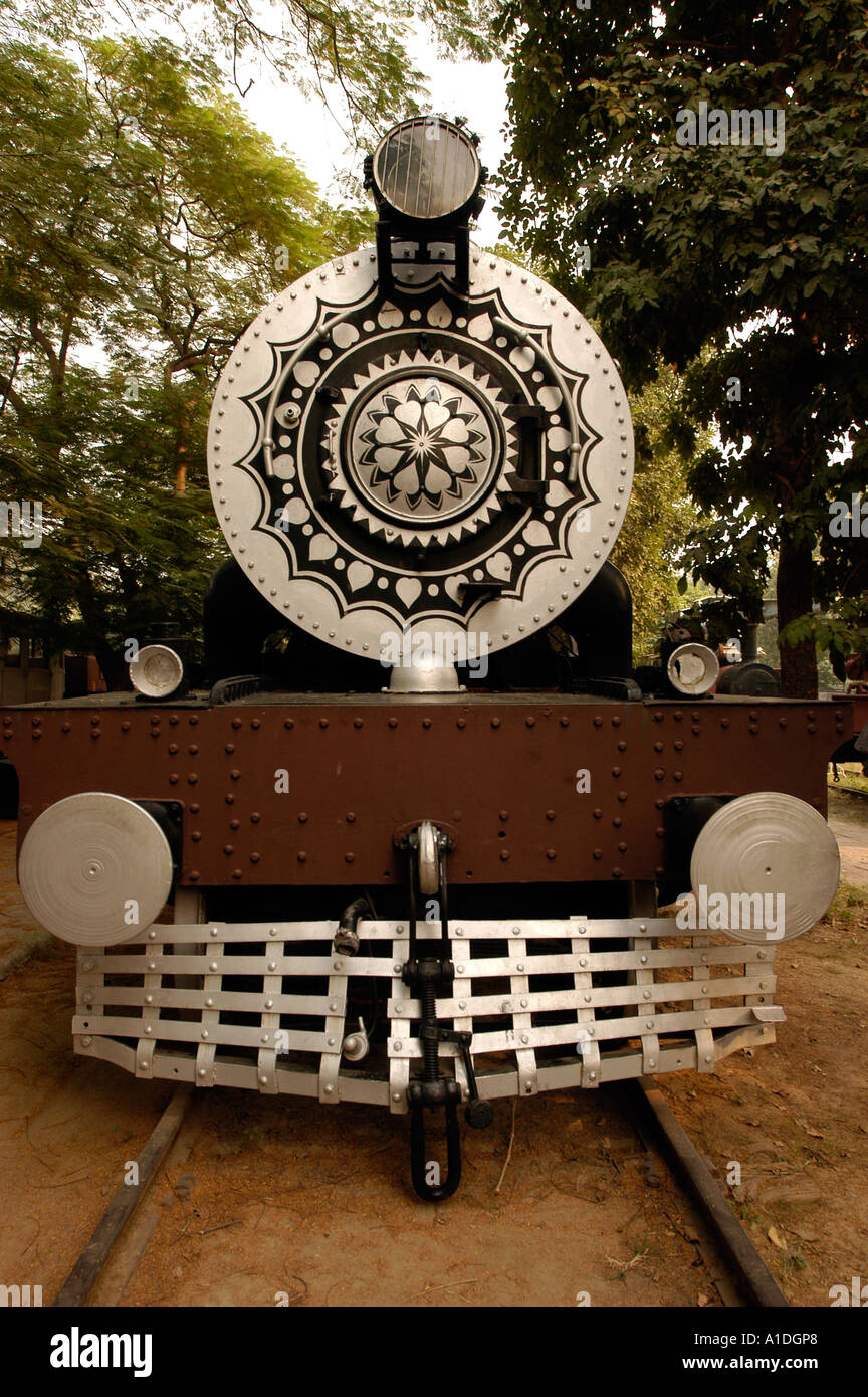 Front view of a vintage Indian Train steam locomotive with decorative ...