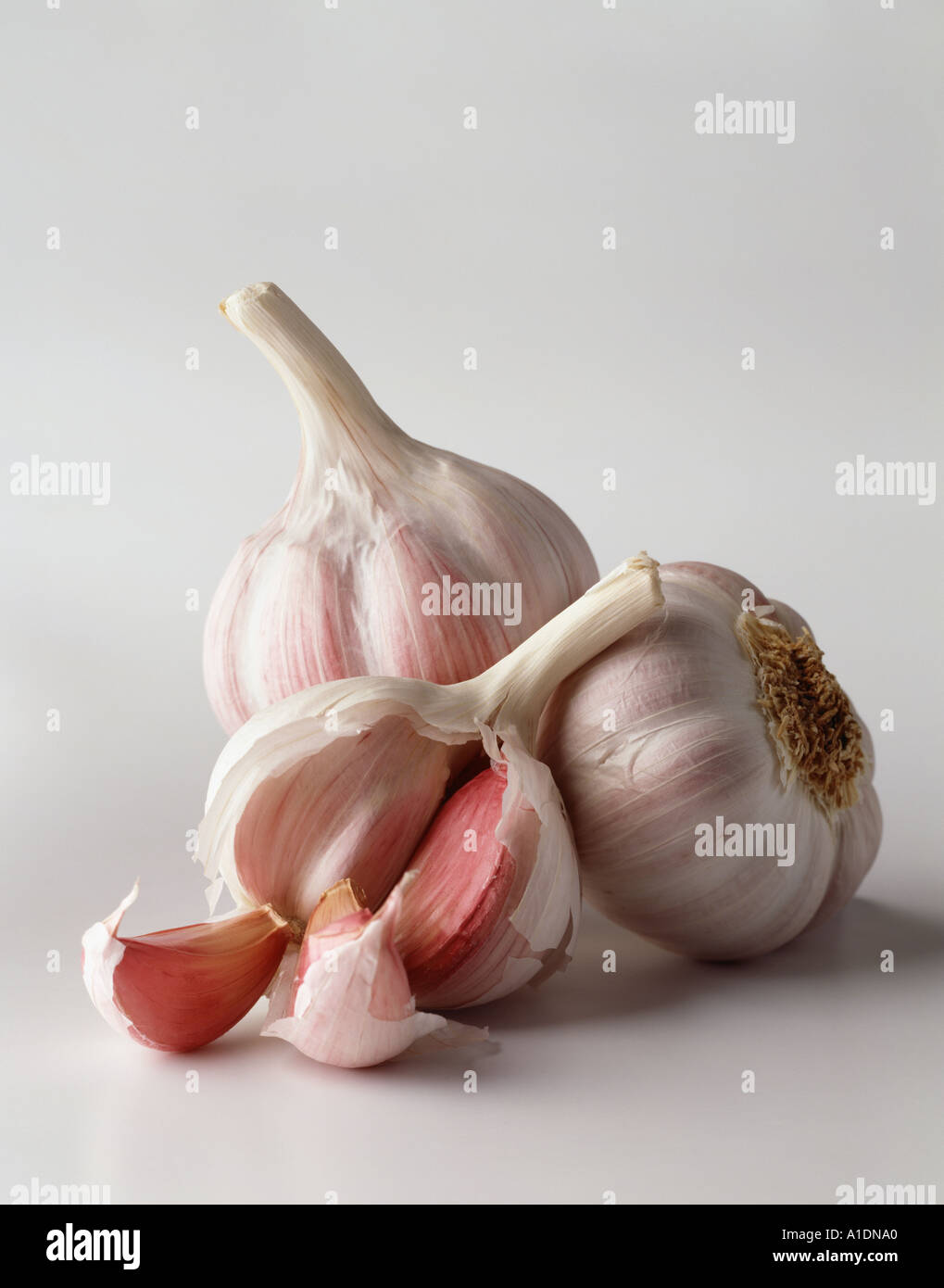 Still life of three garlic cloves one open on a white background Portrait format Original shot on 5x4 trans Stock Photo