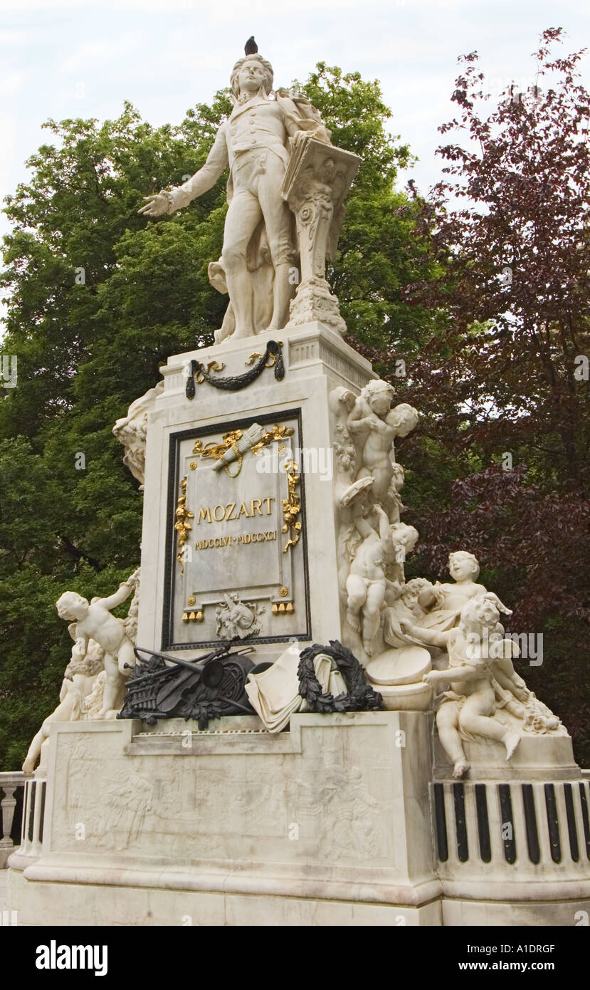 Austria Vienna Burggarten statue of Mozart pigeon on head Stock Photo