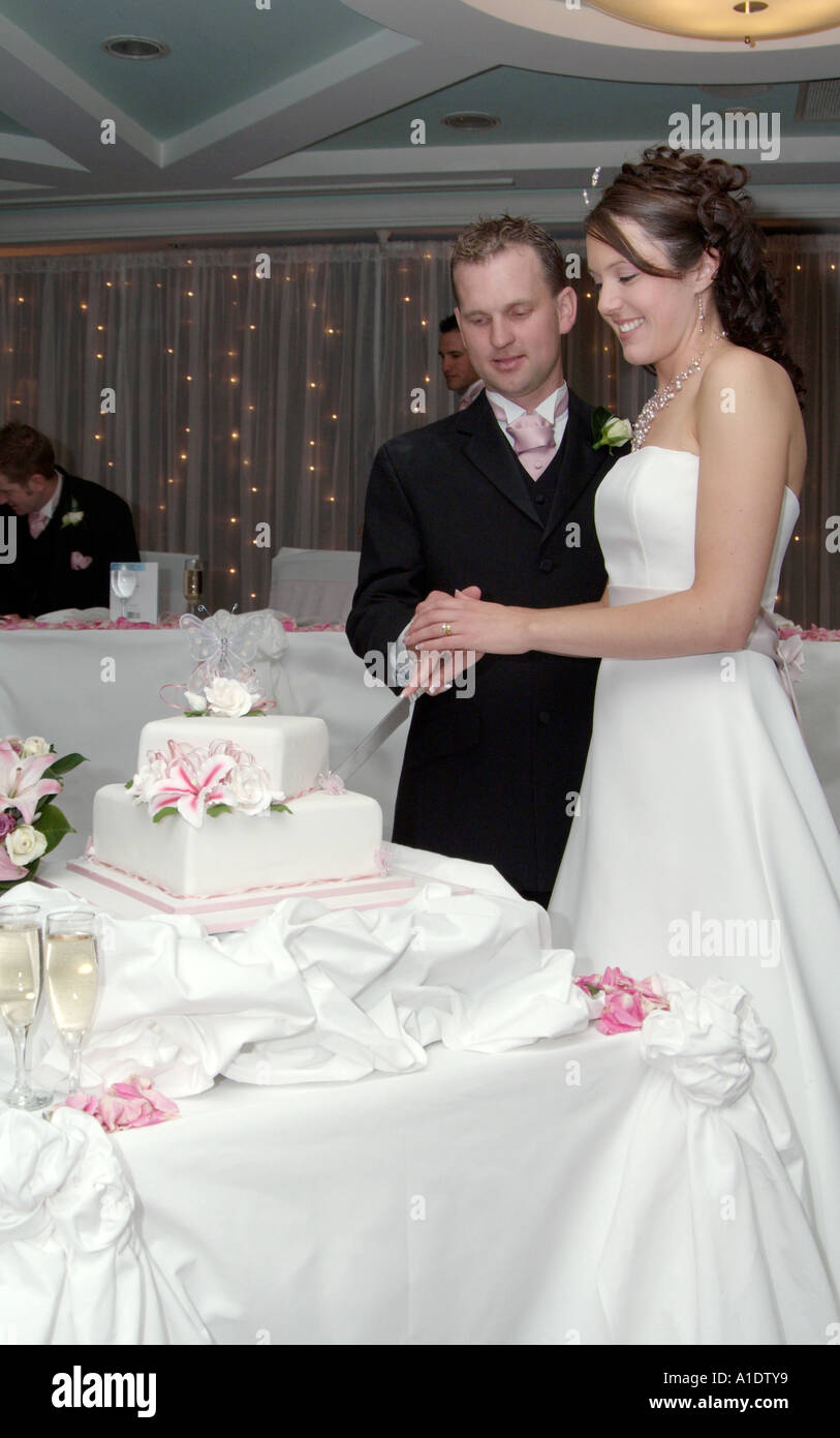 young couple cutting their wedding cake Stock Photo